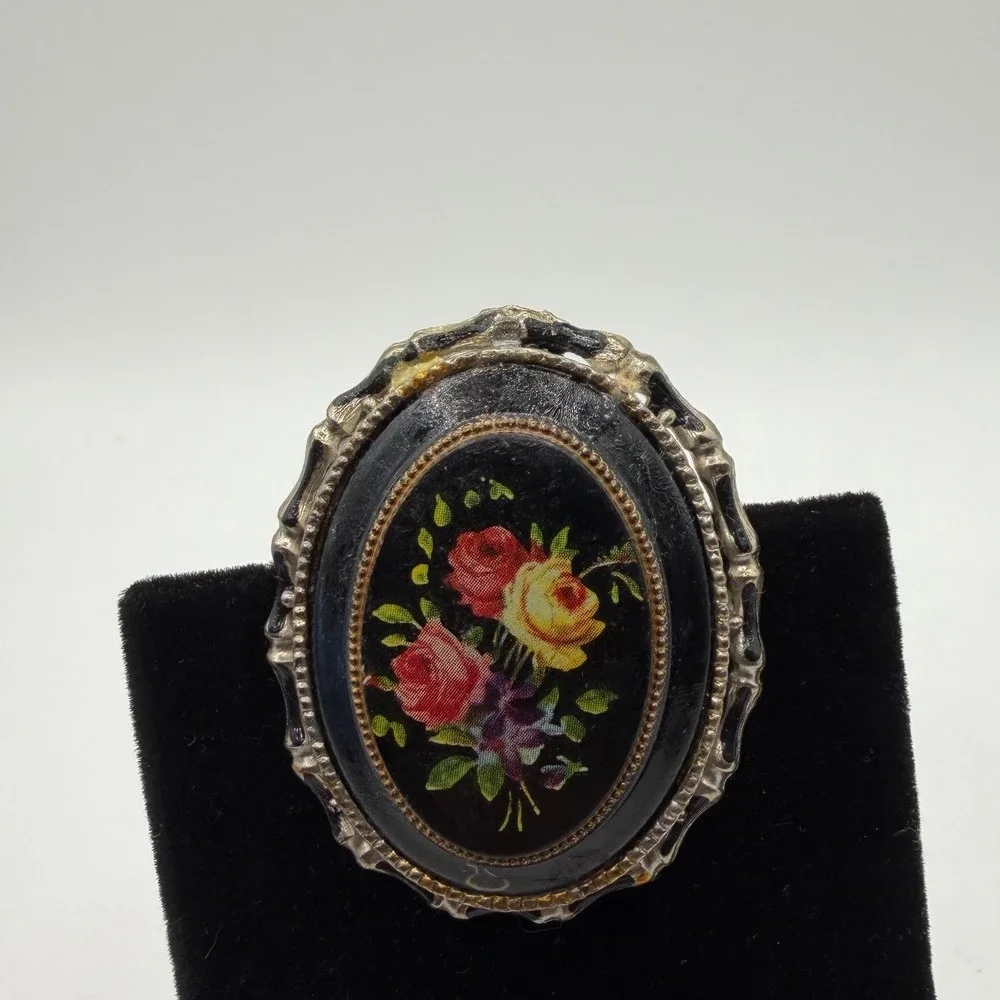 Vintage‎ Hand Painted Floral Oval Brooch Silver Tone Ornate Frame Black Enamel